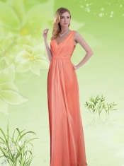 2015 Simple V Neck Empire Ruching and Dama Dress in Watermelon Red