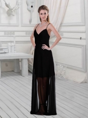 2015 Spaghetti Straps Column Black Dama Dress with Floor Length