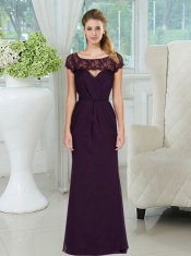 Dark Purple Bateau Ruching Lace Cap Sleeves Dama Dress for 20