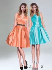 Low Price Orange Taffeta Short V Neck Dama Dresses