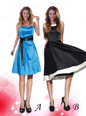 Modest Aqua Blue Knee Length Dama Dress with Black Sash