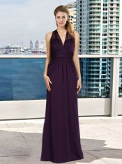 V Neck Empire Ruching Dark Purple Dama Dress with Floor Length