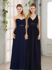 V Neck Empire Zipper Up Navy Blue Dama Dress for 2015