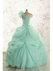 2015 Apple Green One Shoulder Cheap Quinceanera Dresses with Appliques