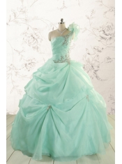 2015 Apple Green One Shoulder Cheap Quinceanera Dresses with Appliques