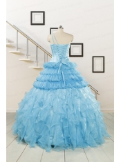 2015 Baby Blue One Shoulder Sweet 15 Dresses with Beading