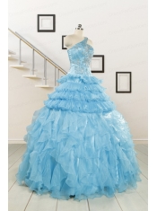 2015 Baby Blue One Shoulder Sweet 15 Dresses with Beading