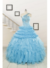 2015 Baby Blue One Shoulder Sweet 15 Dresses with Beading