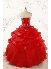 2015 Ball Gown Strapless Beading and Ruffles Red Sweet 15 Dresses
