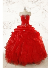 2015 Ball Gown Strapless Beading and Ruffles Red Sweet 15 Dresses