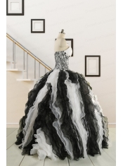 2015 Black and White Sweetheart Dress for Quinceanera with Ruffles