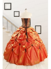2015 Cheap Appliques Quinceanera Dresses in Orange Red and Black