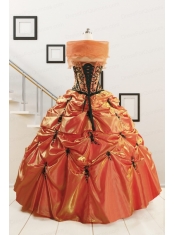 2015 Cheap Appliques Quinceanera Dresses in Orange Red and Black
