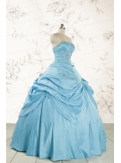 2015 Discount Strapless Appliques Sweet 15 Dress in Aqua Blue