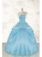 2015 Discount Strapless Appliques Sweet 15 Dress in Aqua Blue