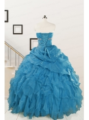 2015 Elegant Strapless Blue Quinceanera Dresses with Beading and Ruffles