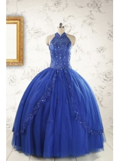 2015 HalterTop Appliques and Beading Dresses For 15 in Royal Blue