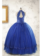 2015 HalterTop Appliques and Beading Dresses For 15 in Royal Blue