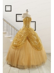 2015 Most Popular Sweetheart Sequined Quinceanera Dresses in Gold