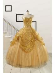 2015 Most Popular Sweetheart Sequined Quinceanera Dresses in Gold