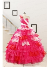 2015 Multi Color Hand Made FlowerQuinceanera Dress with One Shoulder