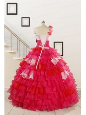 2015 Multi Color Hand Made FlowerQuinceanera Dress with One Shoulder