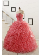 2015 New Arrival Watermelon Red Sweet 15 Dress with Beading