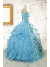 2015 New Style Ruffles Embroidery Strapless Quinceanera Dresses in Baby Blue