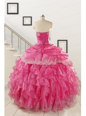 2015 Pretty Appliques and Ruffles Quinceanera Gowns in Hot Pink