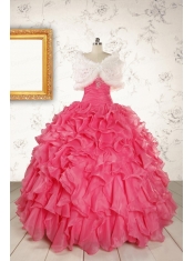 2015 Pretty Beading and Ruffles Hot Pink Quinceanera Dresses with Strapless