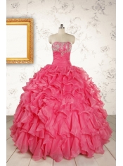2015 Pretty Beading and Ruffles Hot Pink Quinceanera Dresses with Strapless