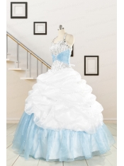 2015 Pretty Halter White and Blue Quinceanera Dress with Beading