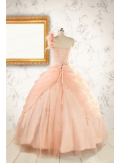 2015 Pretty One Shoulder Appliques Quinceanera Dress in Peach