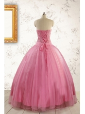 2015 Pretty Pink Quinceaneras Dresses with Appliques and Beading