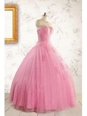 2015 Pretty Pink Quinceaneras Dresses with Appliques and Beading