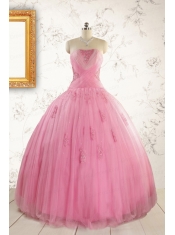 2015 Pretty Pink Quinceaneras Dresses with Appliques and Beading