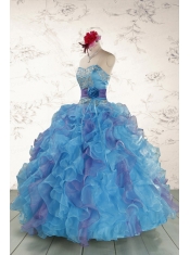 2015 Pretty Strapless Appliques and Ruffles QuinceDress in Multi Color