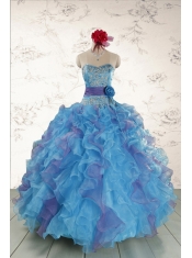 2015 Pretty Strapless Appliques and Ruffles QuinceDress in Multi Color