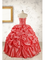 2015 Puffy Appliques Watermelon Quinceanera Dresses with Strapless