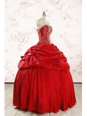 2015 Puffy Sweetheart Beading Quinceanera Dresses in Red