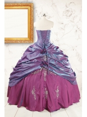 2015 Purple Strapless Quinceanera Dresses with Appliques and Hand Made Flowers