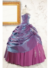 2015 Purple Strapless Quinceanera Dresses with Appliques and Hand Made Flowers
