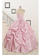 2015 Sweet Spaghetti Straps Beading Pink Quinceanera Dresses
