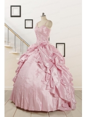 2015 Sweet Spaghetti Straps Beading Pink Quinceanera Dresses