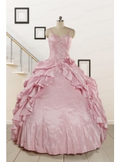2015 Sweet Spaghetti Straps Beading Pink Quinceanera Dresses