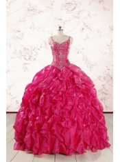 2015 Unique Beading Hot Pink Quinceanera Dresses with Spaghetti Straps