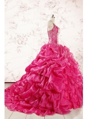 2015 Unique Beading Hot Pink Quinceanera Dresses with Spaghetti Straps
