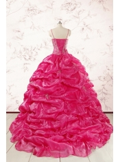 2015 Unique Beading Hot Pink Quinceanera Dresses with Spaghetti Straps