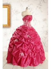 Cheap Appliques Coral Red Quinceanera Dress with Strapless