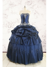 Cheap Navy Blue Quinceanera Dress with Embroidery and Pick Ups